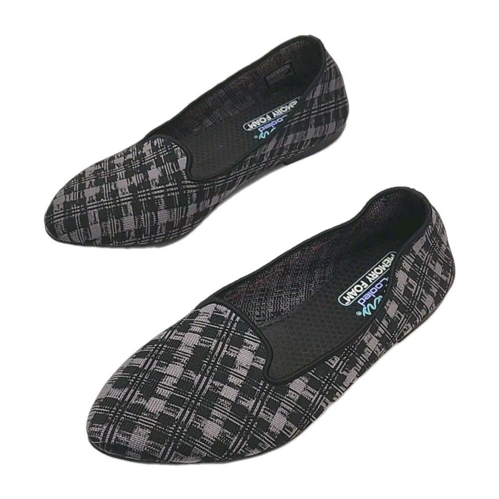 Skechers Shoe Ballet Flat Women Sz 9.5 Foam Stretch Black Gray Plaid Knit